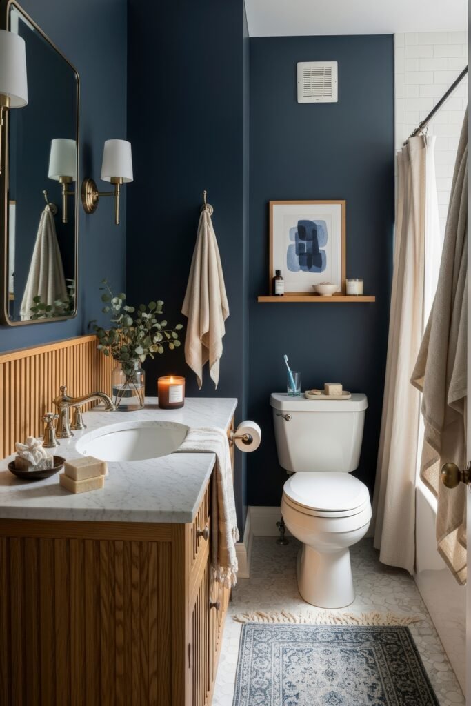 Blue Bathroom Decor: Fresh, Wow-Worthy Ideas 2 Cozy bathroom with navy walls, wood vanity, and soft candlelight creating a warm bathroom decor style.