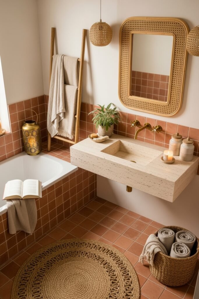 Fresh Ways to Layer Boho Bathroom Decor 2 Cozy bathroom with terracotta tiles, a stone sink, woven mirror, round jute rug, and candles for warm Bathroom Decor Inspo.