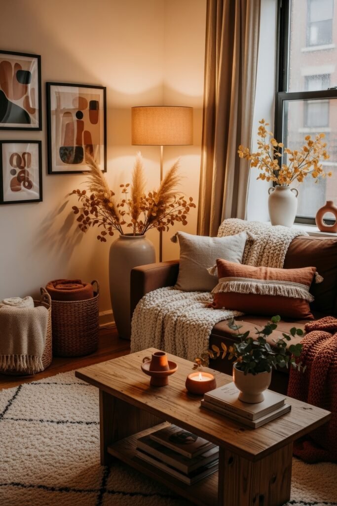 Cozy Boho Fall Decor: Ideas for Warm, Collected Style 2 Cozy living room with a brown sofa draped in chunky knit blankets, earthy-toned pillows, pampas grass arrangements, and soft candlelight for autumn decor.