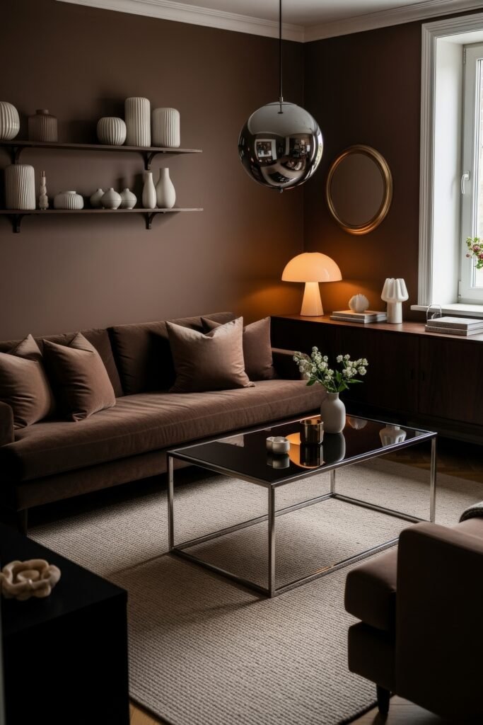 Chic Ideas for a Brown Apartment Aesthetic 2 Sophisticated interior with a deep brown velvet sofa, matching walls, sculptural ceramics on floating shelves, and a reflective glass coffee table under a chrome pendant light, reflecting a refined brown apartment aesthetic.