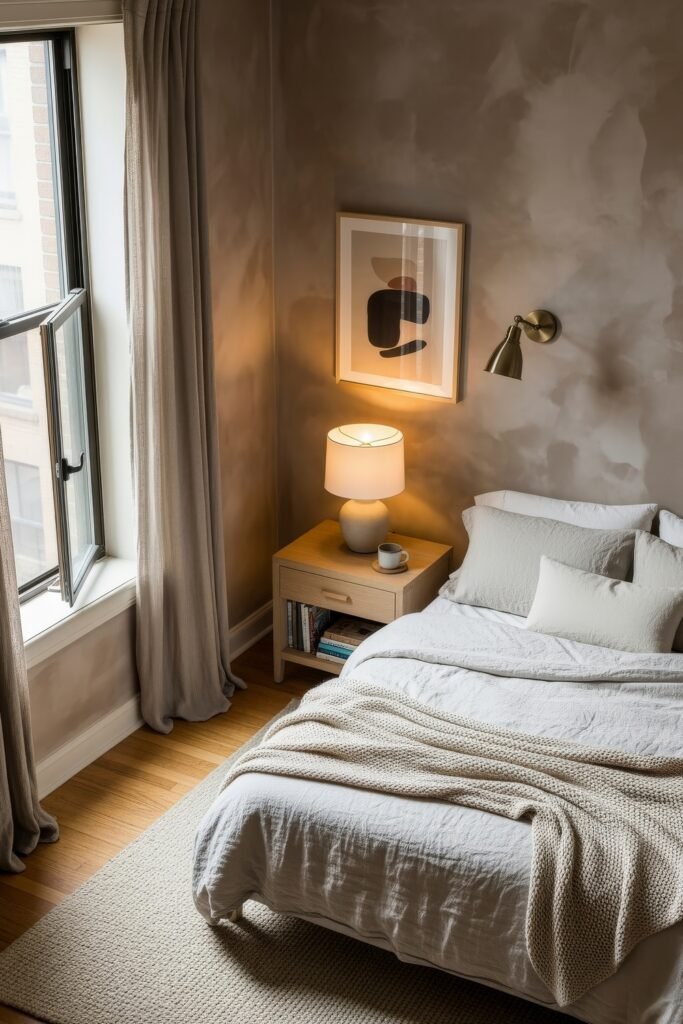 Soft & Stylish: Cozy Bedroom Ideas for an Effortless Retreat 2 Compact cozy bedroom ideas setup with a single bed dressed in white and beige, a knitted throw, open window, warm lighting from a bedside lamp, and abstract wall art.