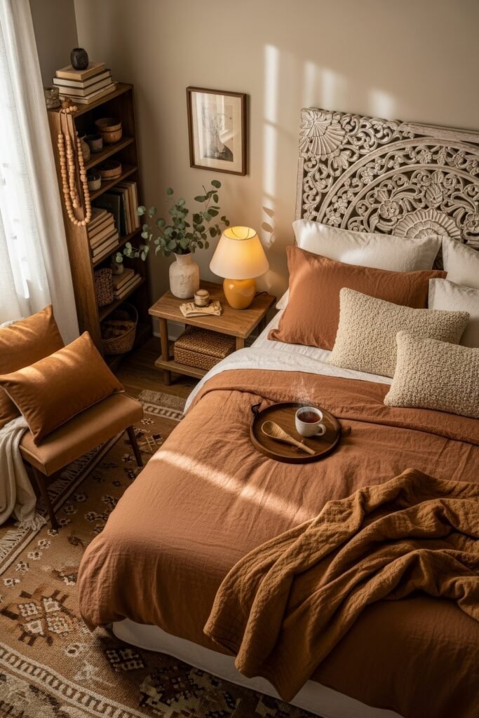 Dreamy Ways to Style a Cozy Boho Bedroom 2 A warm-toned bedroom featuring terracotta bedding, an ornate carved wood headboard, soft layered pillows, a rustic nightstand with a glowing lamp, and earthy decor including a tea tray and woven rug, evoking a serene cozy boho bedroom atmosphere.