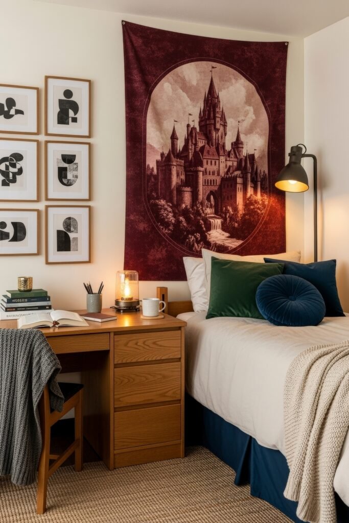 Trend-Forward dorm wall décor Ideas 2 Warm dorm setup with a wooden desk and bed, abstract dorm wall décor in frames, and a large tapestry of a castle hanging above the bed.