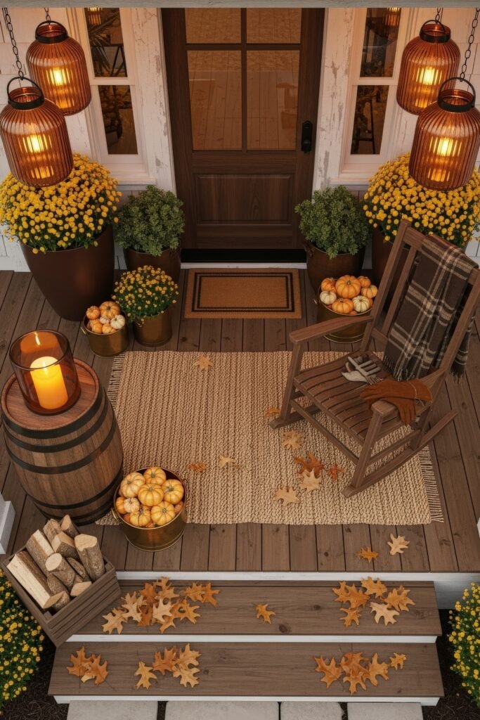 Cozy Entry Glow: Fall Porch Ideas to Try 2 Rustic porch decorated with yellow mums, pumpkins, a rocking chair, and glowing lanterns for a warm fall decor look.