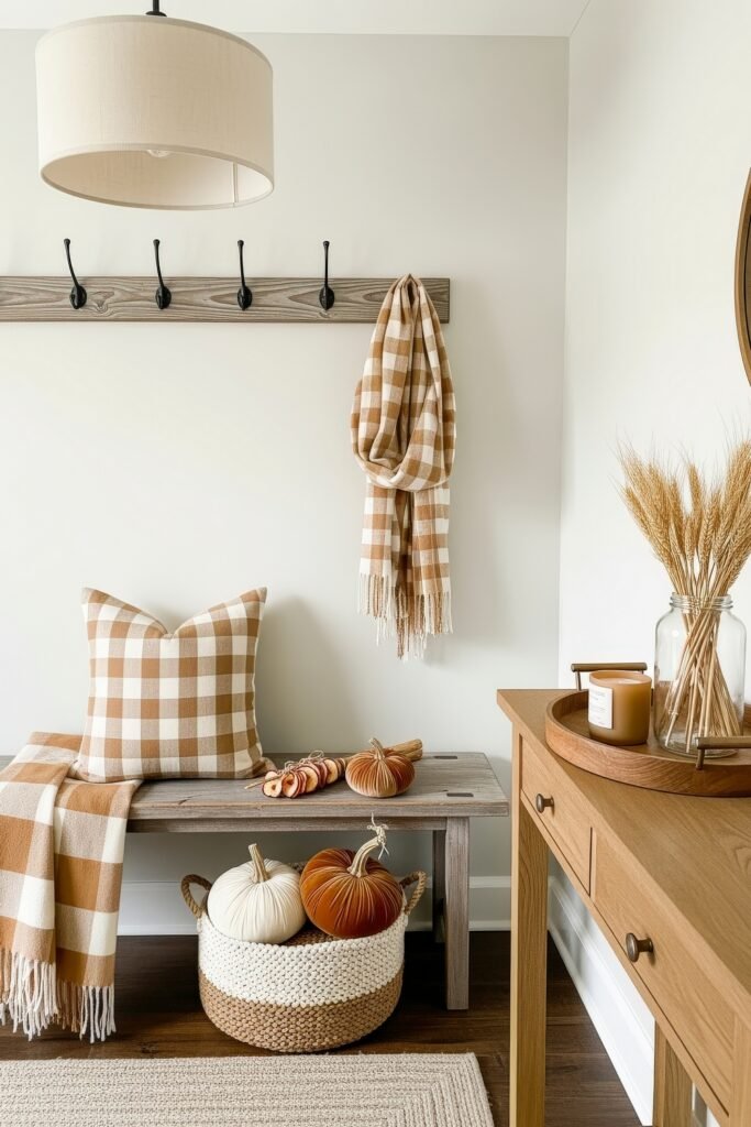 Fresh farmhouse fall decor Ideas for a Cozy, Modern Home 2 Rustic bench decorated with a gingham pillow and throw, surrounded by pumpkins, a woven basket, and natural accents, creating a farmhouse fall decor entryway.