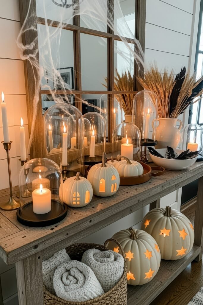 Chic Farmhouse Halloween: 13 Cozy, Stylish Decor Ideas 2 Wooden console table styled with glowing white pumpkins, candles under glass domes, wheat stalks in a vase, and faux cobwebs for a cozy Halloween home display.