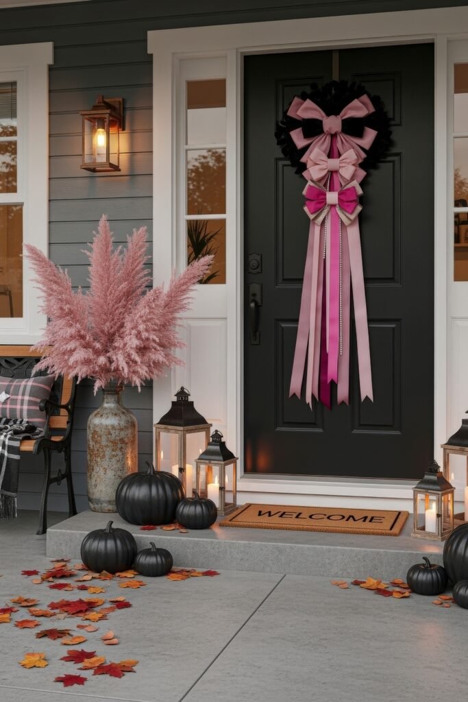 Chic halloween door hangers to elevate your entry 2 Porch with black pumpkins, lanterns, pink pampas grass, and a black door adorned with a large pink ribbon Halloween door hanger.