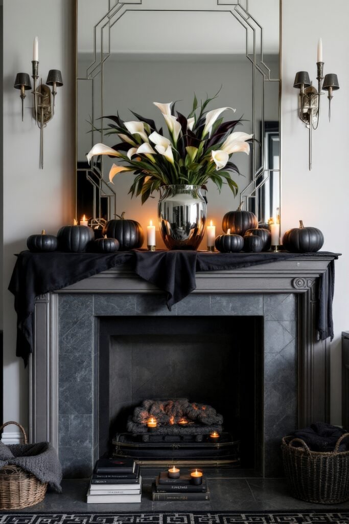 Spooky-Chic Halloween Fireplace Décor: Stylish Mantel Ideas 2 A sleek gray fireplace topped with black pumpkins, glowing candles, and a tall silver vase of white calla lilies for an elegant Halloween home display.