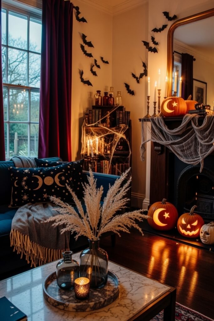 Spooky-Chic Magic: halloween home décor Ideas You’ll Love 2 Warmly lit corner with carved pumpkins, bat wall décor, cobwebs, and a starry-themed sofa creating an inviting halloween home décor.