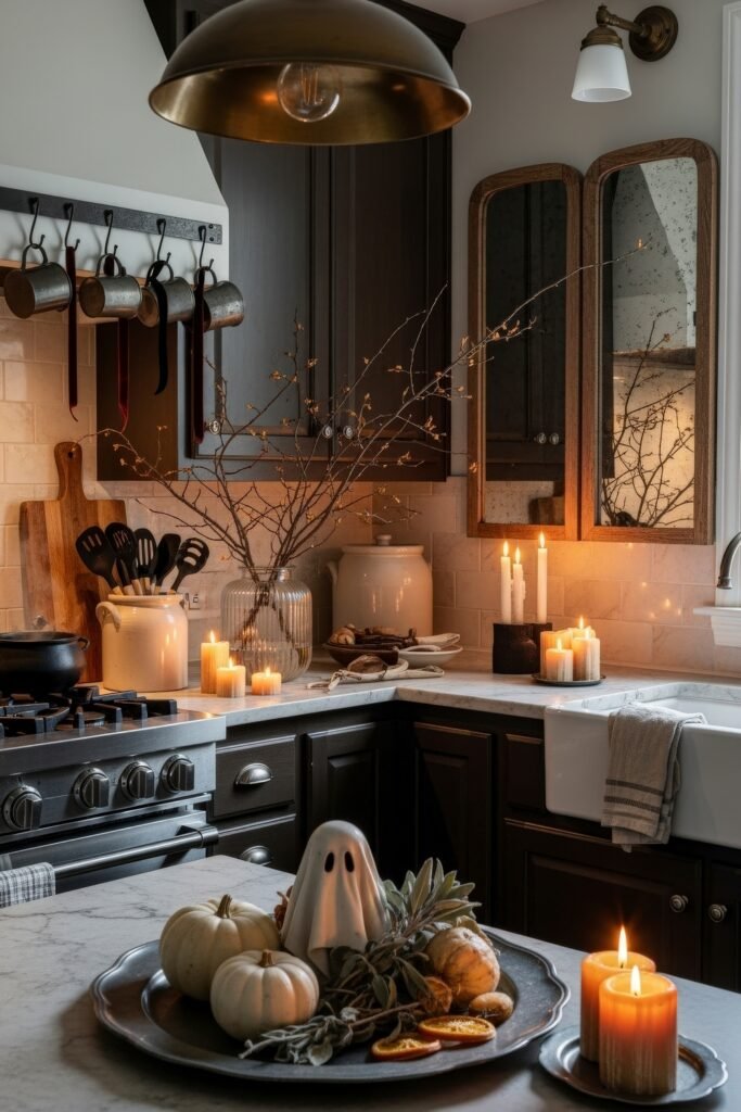 Fresh Ideas for your halloween kitchen 2 A cozy kitchen corner lit with flickering candles, featuring white pumpkins, a ghost figurine, and dried branches styled with rustic jars for a warm Halloween atmosphere.