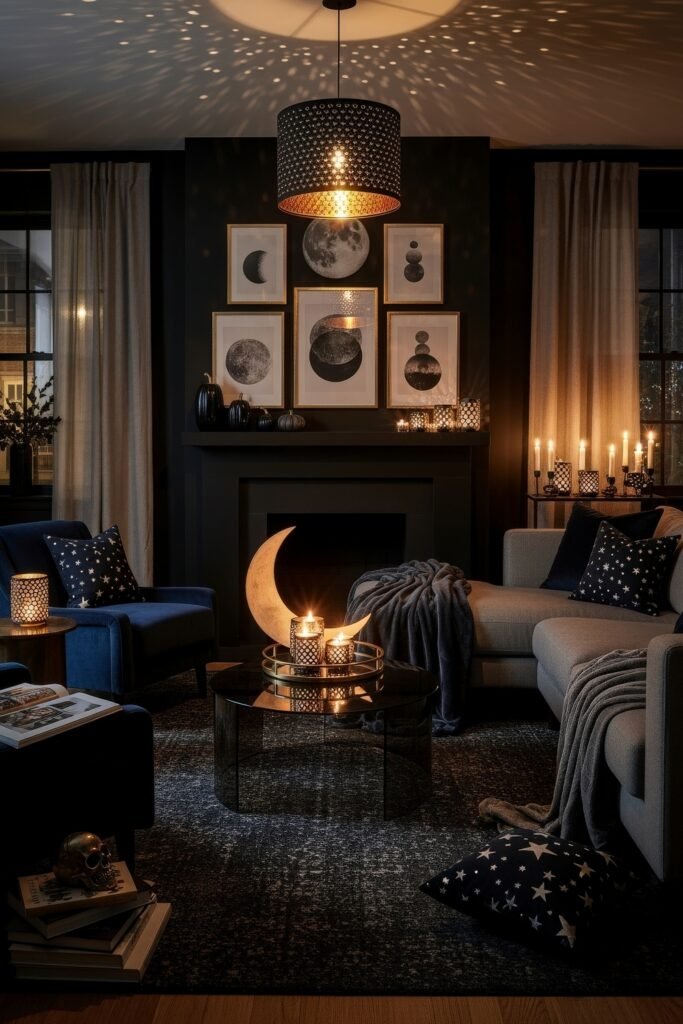 Stylish halloween living room Ideas: 15 Fresh Styles 2 Dark moody halloween living room featuring celestial art, glowing candles, and a crescent moon lamp centerpiece.