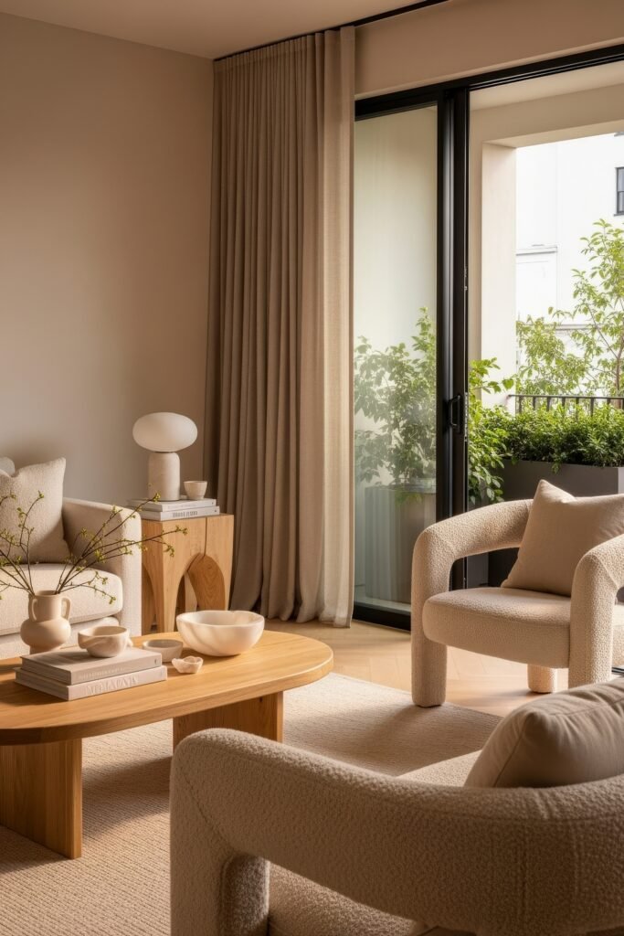 Ideas to Nail a Luxury Apartment Aesthetic 2 Bright sitting area with plush armchairs, a light wood coffee table, and floor-to-ceiling curtains opening to a balcony with greenery, showcasing aesthetic apartment decor.