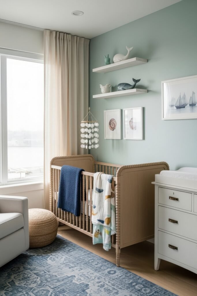 Fresh nautical nursery ideas for a calm, stylish baby room 2 Crib against a seafoam wall decorated with whale figurines, shell artwork, and nautical prints, styled with coastal nursery accents.