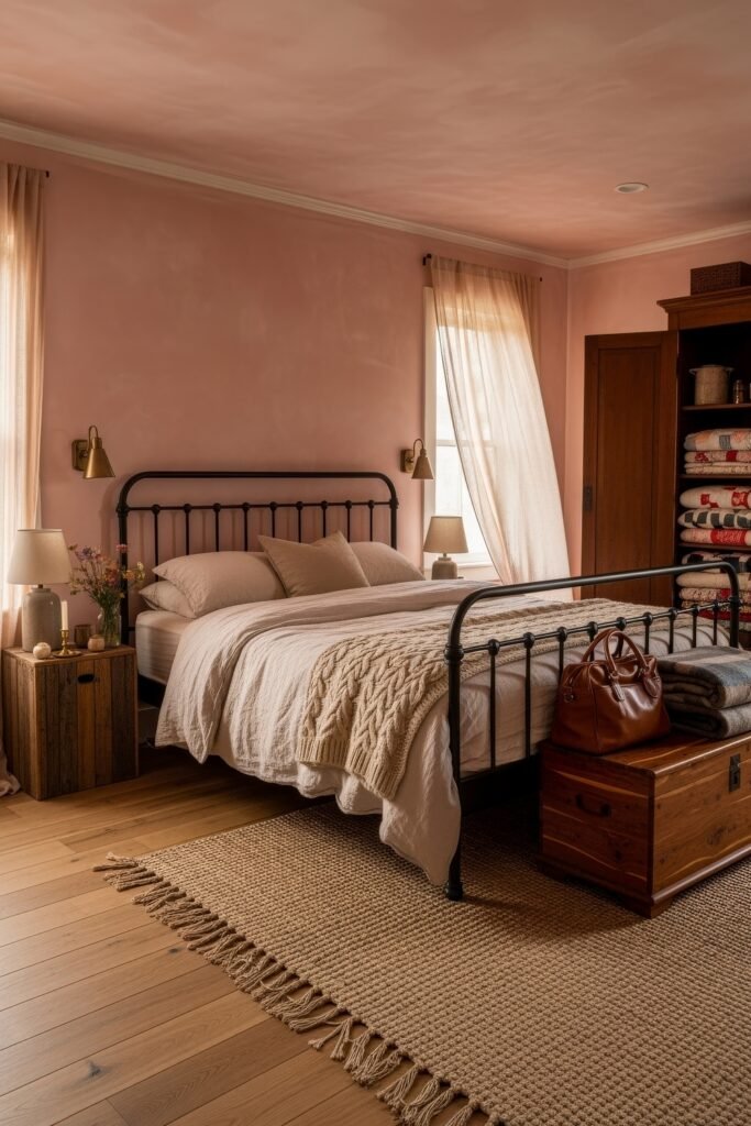 Sweet Ideas for a Romantic Cozy Farmhouse Bedroom 2 Warm cozy bedroom with blush walls, a black metal bed dressed in cream bedding and a cable-knit throw, rustic wooden furniture, and folded quilts on open shelves.