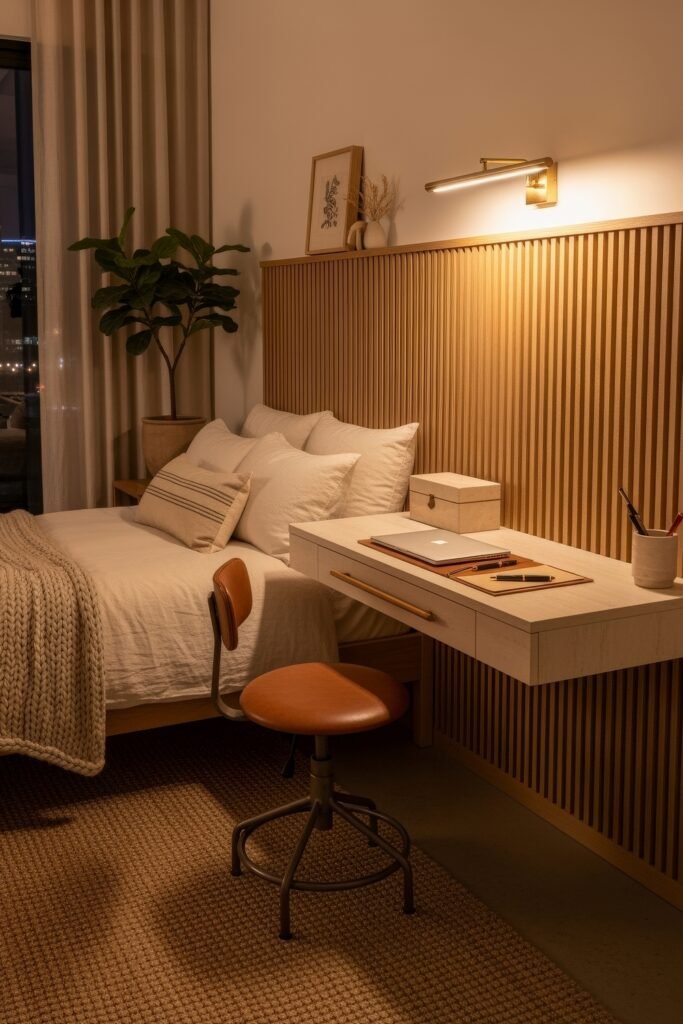 Small Bedroom Office Combo Ideas That Actually Look Chic 2 Warmly lit bedroom with a slatted wood headboard, cozy bedding, and a built-in desk holding a laptop and stationery, paired with a leather swivel stool.