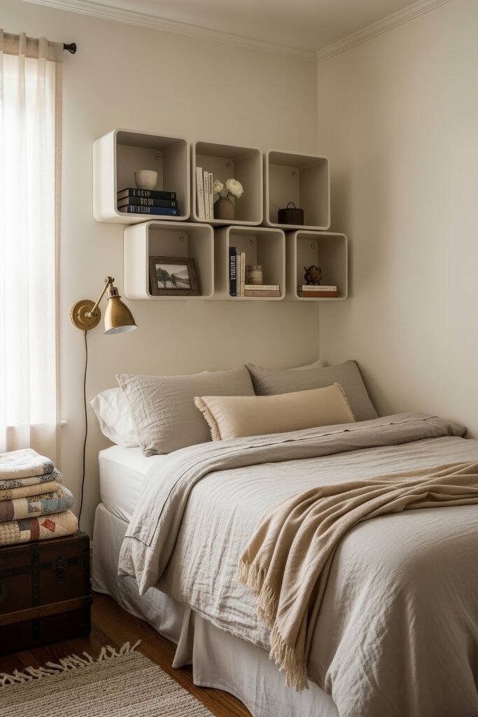 Smart, Stylish Storage Ideas for Small Bedrooms 2 Cozy small bedroom with soft neutral bedding, wall-mounted cube shelves holding books and decor, and a vintage trunk by the window.