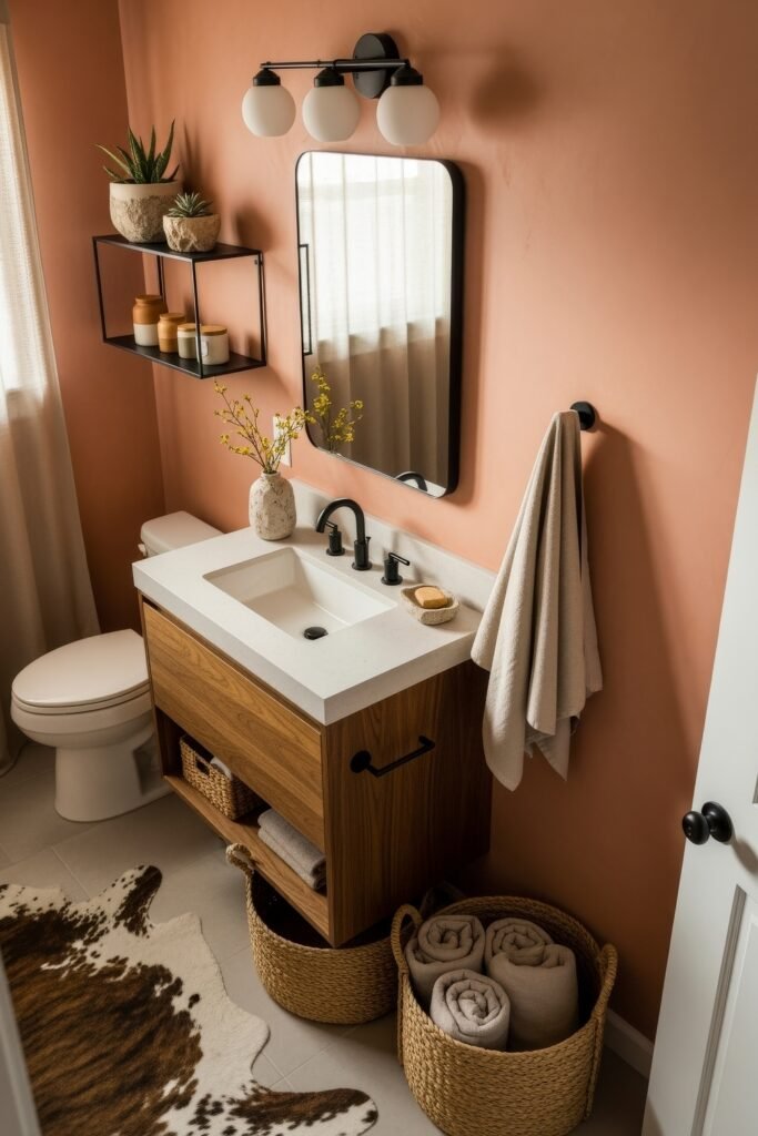 Desert-Modern Magic: Western Bathroom Decor Ideas 2 Small bathroom with coral walls, wooden vanity, black fixtures, cowhide rug, woven baskets, and plants styled for a cozy western bathroom decor look.