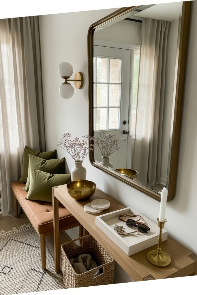 Chic Ideas for Aesthetic Apartment Decor That Feels Effortless 3 Entryway styled with a tan bench topped with green pillows, a slim console table holding decorative bowls and candles, and a large mirror reflecting soft natural light.
