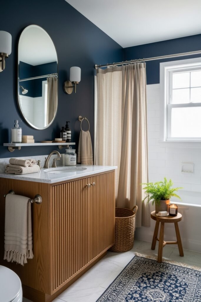 Blue Bathroom Decor: Fresh, Wow-Worthy Ideas 3 Elegant bathroom featuring a wood vanity, oval mirror, and beige shower curtain accented by a blue patterned rug.