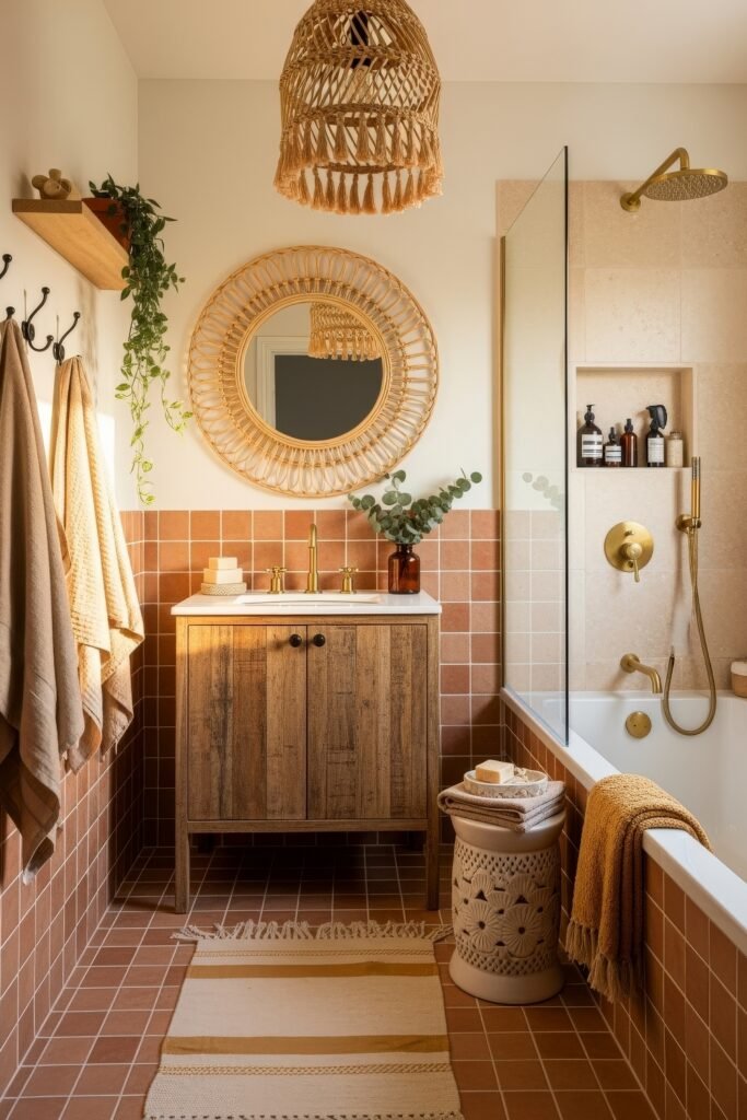 Fresh Ways to Layer Boho Bathroom Decor 3 Rustic bathroom with terracotta tiles, wooden vanity, round rattan mirror, and woven accents creating relaxed boho bathroom decor.