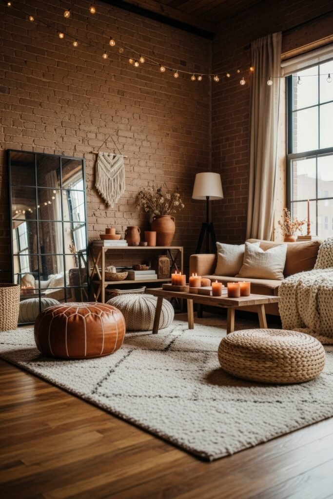 Cozy Boho Fall Decor: Ideas for Warm, Collected Style 3 Industrial-style loft living room with exposed brick walls, string lights, a neutral sofa, woven poufs, and a wooden table decorated with glowing candles for fall.