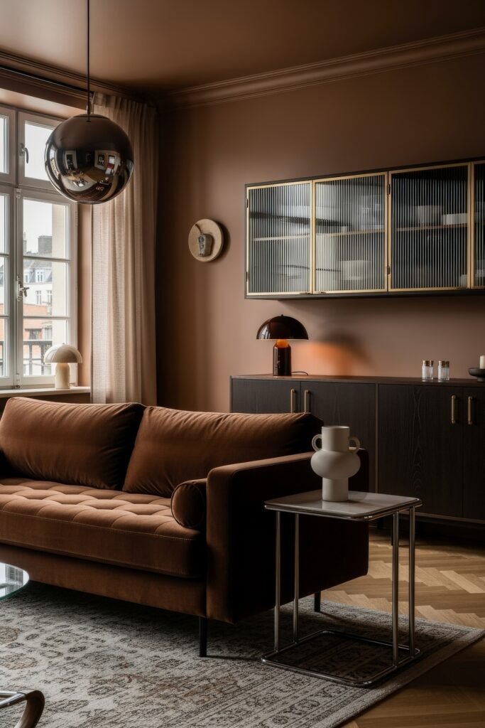 Chic Ideas for a Brown Apartment Aesthetic 3 Stylish living room with a tufted chocolate brown sofa beneath a large window, accented by layered textures, brass-trimmed glass cabinets, and warm lighting that enhances the brown apartment aesthetic.