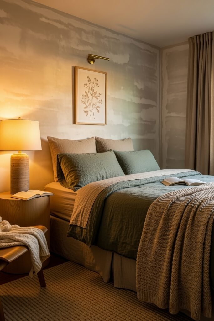 Soft & Stylish: Cozy Bedroom Ideas for an Effortless Retreat 3 Warm and inviting bedroom featuring green and beige bedding, a chunky knit throw, bedside lamp with an open book, and botanical artwork above the bed.