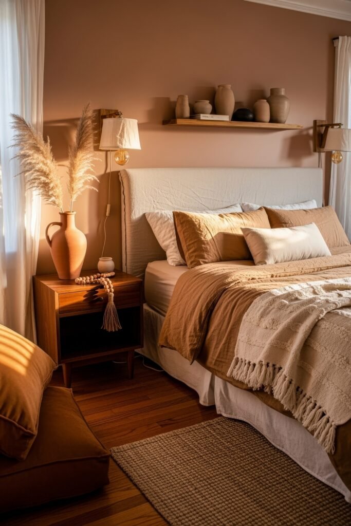 Dreamy Ways to Style a Cozy Boho Bedroom 3 A softly sunlit bedroom with natural clay tones, a wood nightstand holding pampas grass and beads, a white upholstered headboard, textured throws, and neutral pottery on a floating shelf, enhancing the warm, cozy boho bedroom feel.