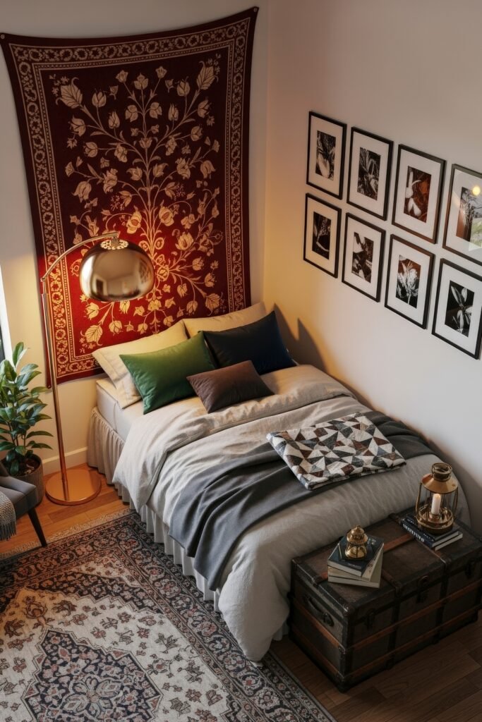 Trend-Forward dorm wall décor Ideas 3 Small dorm bedroom with a floral tapestry, patterned area rug, layered pillows, and framed botanical dorm wall décor arranged beside the bed.