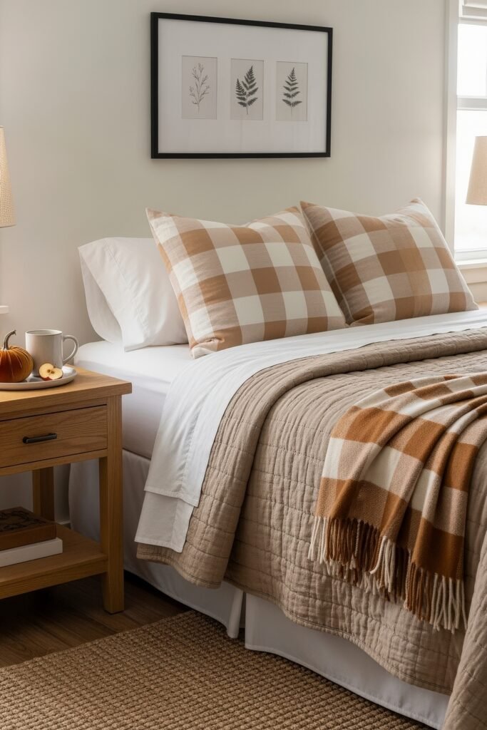 Fresh farmhouse fall decor Ideas for a Cozy, Modern Home 3 Bedroom with a beige quilt, gingham pillows, and a matching throw blanket, styled with a wooden nightstand, pumpkin accents, and cozy fall decor.
