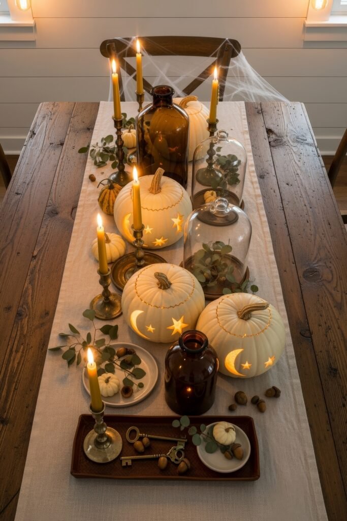 Chic Farmhouse Halloween: 13 Cozy, Stylish Decor Ideas 3 Farmhouse dining table centerpiece featuring white pumpkins carved with stars and moons, amber glass bottles, brass candlesticks, and scattered acorns glowing in candlelight.