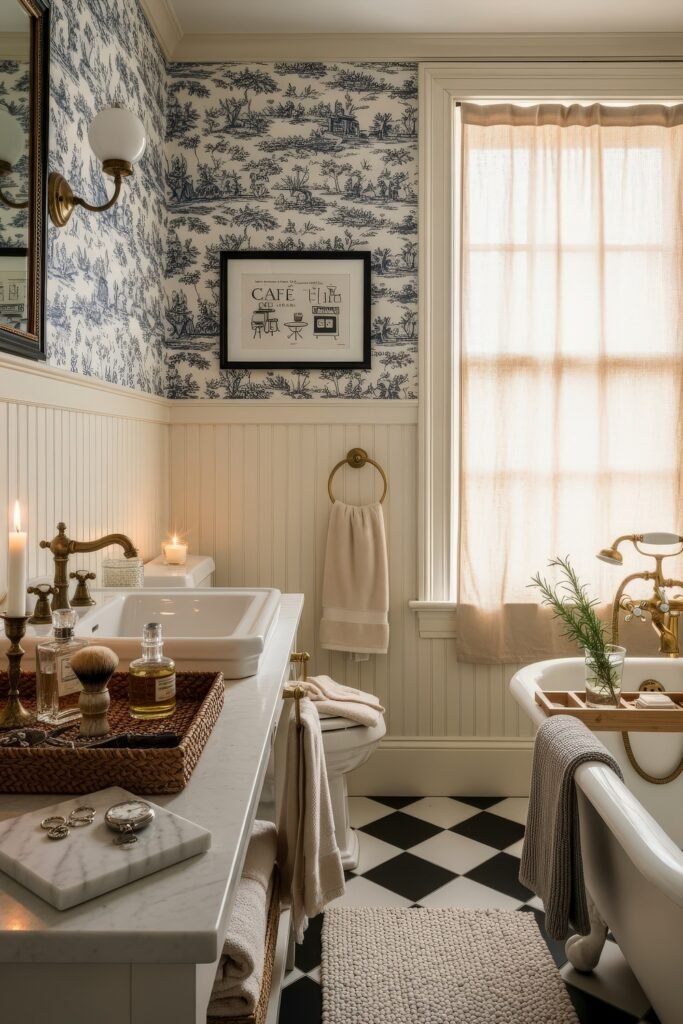 Elegant Ways to Layer french vintage bathroom décor 3 Cozy bathroom featuring black-and-white checkered tile, clawfoot tub, toile wallpaper, and a vanity topped with vintage grooming accessories.