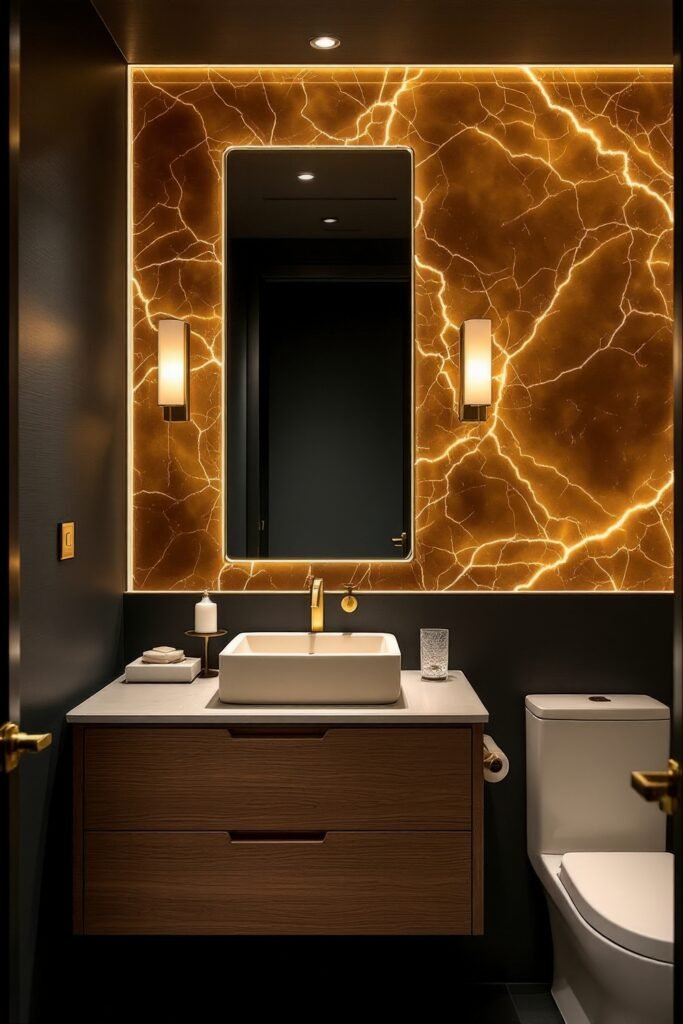 Half Bathroom Decor, Elevated: Jewel-Box Ideas 3 Contemporary bathroom with a dramatic glowing amber stone wall, square sink, wood vanity, and warm sconces.