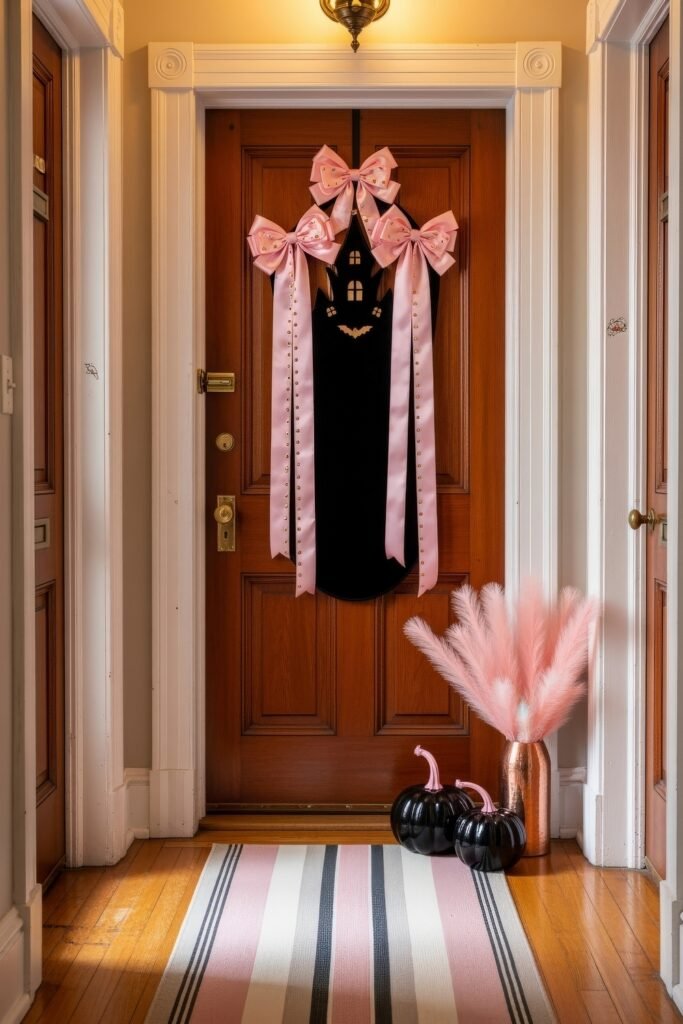 Chic halloween door hangers to elevate your entry 3 Indoor doorway decorated with a black haunted house-shaped Halloween door hanger with pink bows, black pumpkins, and pink pampas grass.