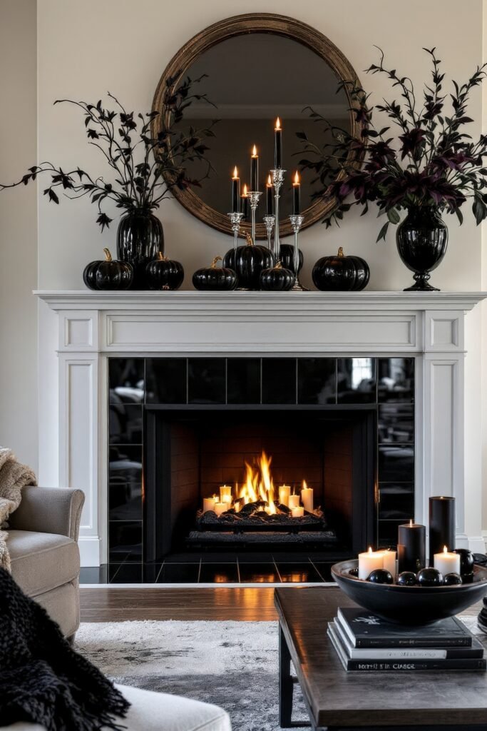 Spooky-Chic Halloween Fireplace Décor: Stylish Mantel Ideas 3 A white fireplace with a roaring fire, black pumpkins, black taper candles in silver holders, and tall vases of dark foliage creating a moody Halloween centerpiece.