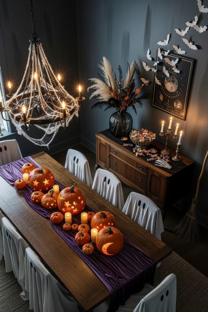 Spooky-Chic Magic: halloween home décor Ideas You’ll Love 3 Dining room with ghost chair covers, pumpkin centerpieces carved with stars and moons, and a chandelier draped in cobwebs for a festive Halloween table.