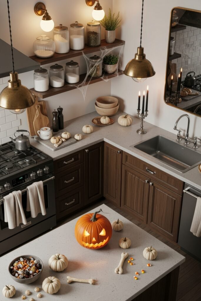 Fresh Ideas for your halloween kitchen 3 A modern halloween kitchen with a carved jack-o’-lantern centerpiece, surrounded by white pumpkins, faux bones, candy, and black candles, blending spooky and chic decor.