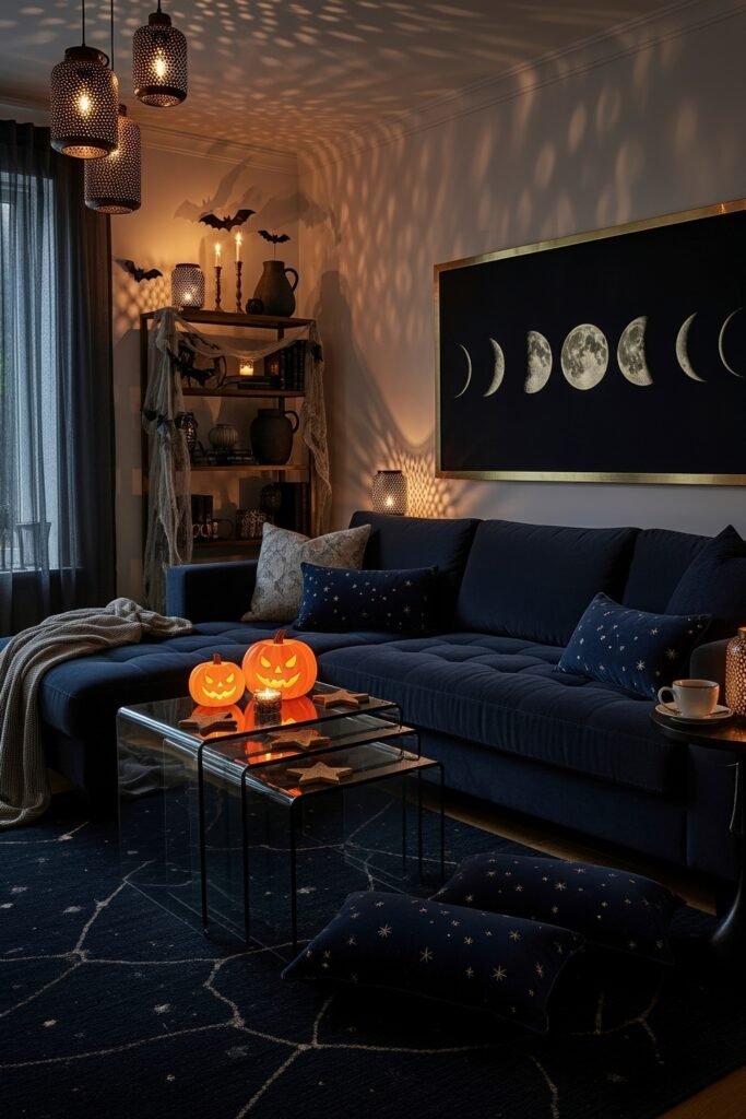 Stylish halloween living room Ideas: 15 Fresh Styles 3 Spooky-Chic Halloween Home with glowing jack-o’-lanterns, starry pillows, and moon phase wall art in a dimly lit living room.