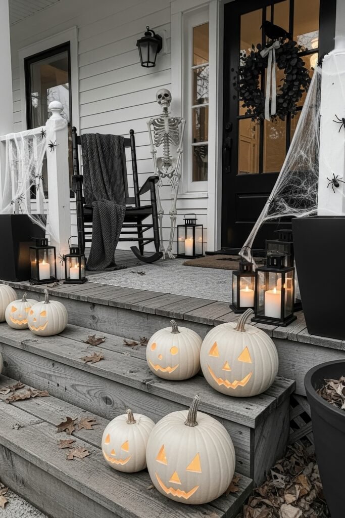 Spooky-Chic halloween porch ideas for Instant Curb Appeal 3 Halloween porch ideas with glowing white jack-o’-lanterns, cobwebs, black lanterns, and a skeleton beside a rocking chair.