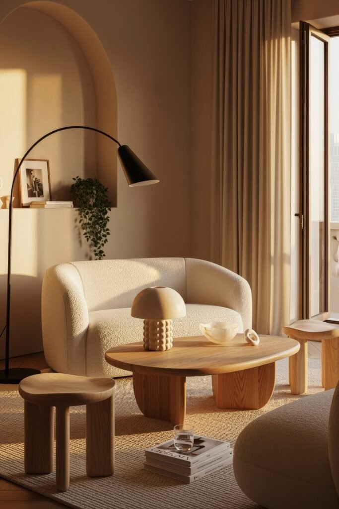 Ideas to Nail a Luxury Apartment Aesthetic 3 Cozy living room corner bathed in golden sunlight, featuring a boucle loveseat, sculptural wooden coffee table, and modern floor lamp beside an arched niche.