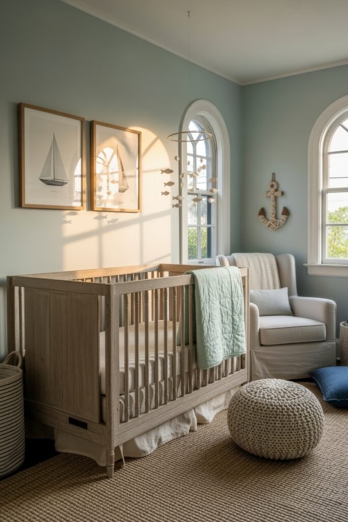 Fresh nautical nursery ideas for a calm, stylish baby room 3 Sunlit nursery with a natural wood crib, sailboat art, anchor wall decor, and a knit pouf, embracing nautical nursery ideas.