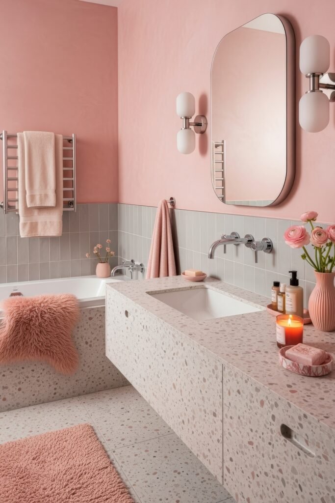 Fresh Ways to Style Pink Bathroom Decor: Looks That Glow 3 Modern bathroom with terrazzo surfaces, gray tiles, and blush pink walls, decorated with flowers, candles, and fluffy pink bathroom decor.
