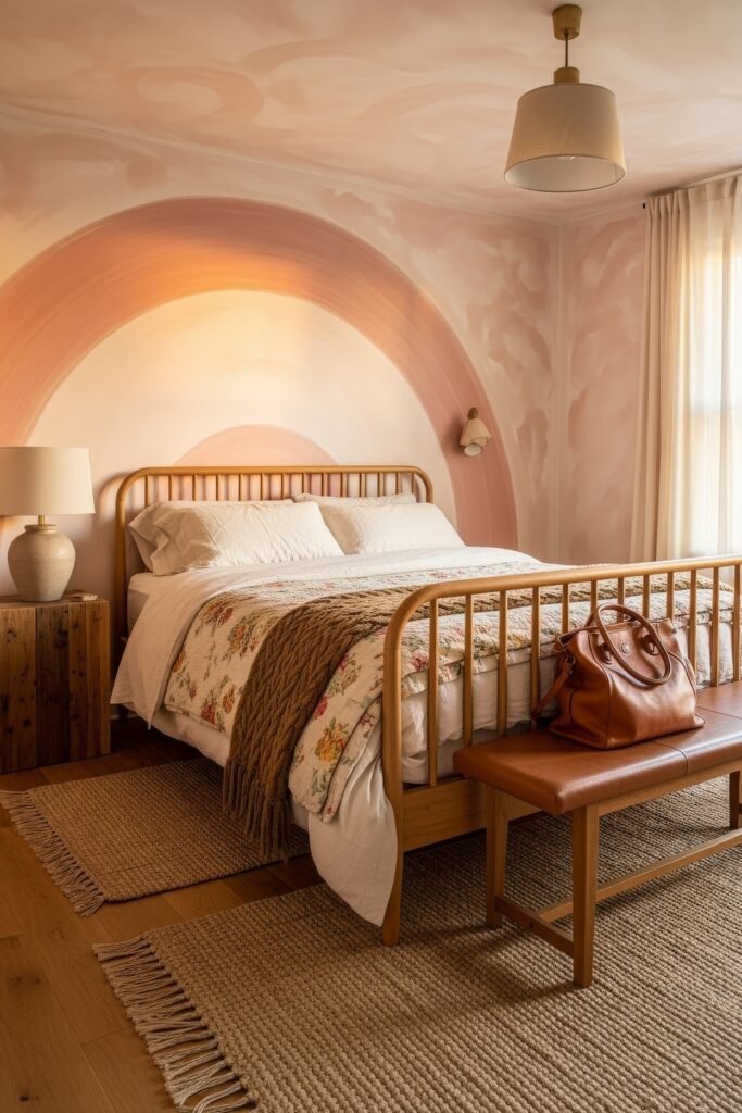 Sweet Ideas for a Romantic Cozy Farmhouse Bedroom 3 Cheerful cozy bedroom with a blush and peach rainbow accent wall, light wood bed with floral quilt and knit throw, and a leather bench at the foot.