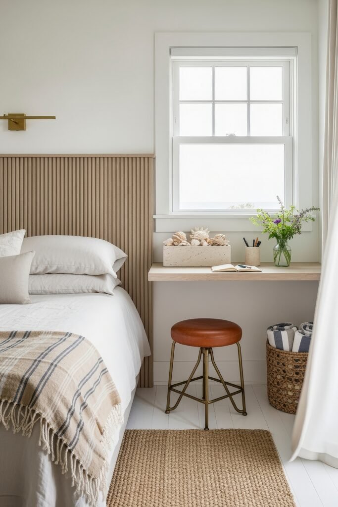 Small Bedroom Office Combo Ideas That Actually Look Chic 3 Light-filled coastal-inspired bedroom with a slatted headboard, floating desk under a window, leather-topped stool, and decorative shells alongside fresh flowers.