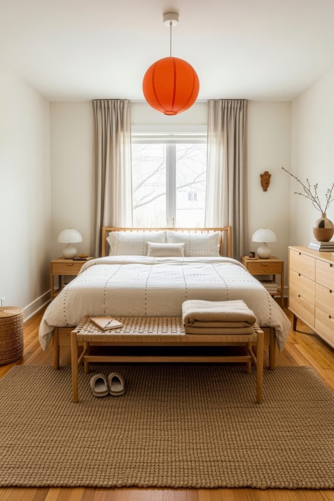 Small Bedroom Style Ideas: 15 Chic Looks That Work 3 Minimalist small bedroom idea with light wood furniture, soft neutral bedding, and a bold orange pendant light for contrast.