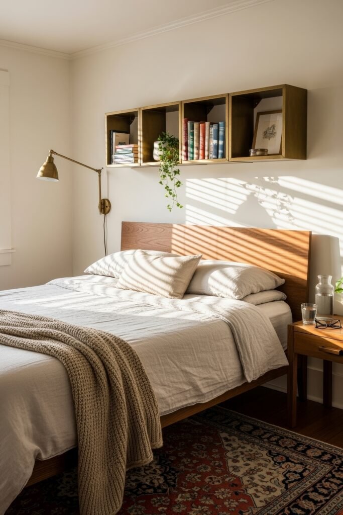 Smart, Stylish Storage Ideas for Small Bedrooms 3 Sunlit bedroom with a wooden headboard, wall-mounted open shelves displaying books and a trailing plant, and a patterned rug on the floor.