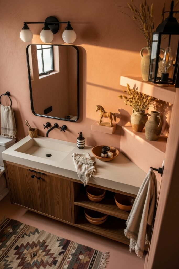 Desert-Modern Magic: Western Bathroom Decor Ideas 3 Warm-toned bathroom with a wood vanity, terracotta walls, rustic pottery, woven rug, and decorative horse figurine adding western bathroom decor charm.