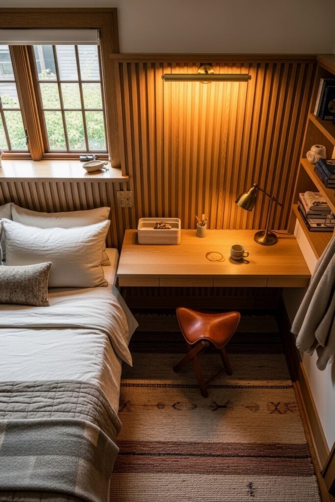 Small Bedroom Office Combo Ideas That Actually Look Chic 4 Compact bedroom with a wood-paneled accent wall, single bed, and built-in desk illuminated by a brass lamp, paired with a saddle-style stool.