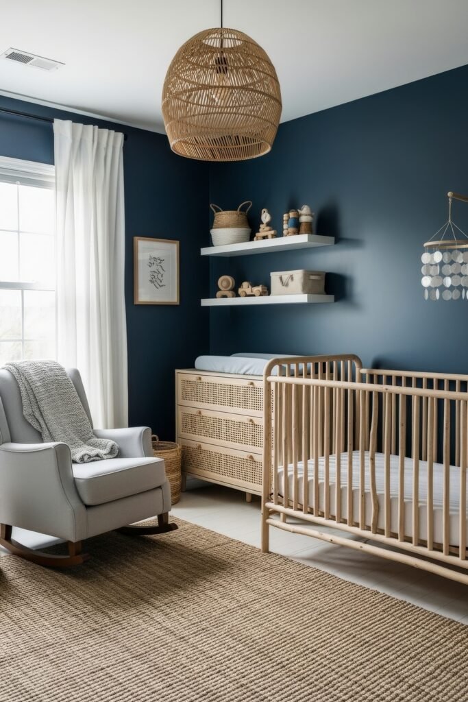 Dreamy Nursery Bedrooms: Baby Nursery Ideas for Boy 2 Modern baby nursery idea for boy with deep blue walls, rattan dresser, natural wood crib, and cozy rocking chair under a woven pendant light.