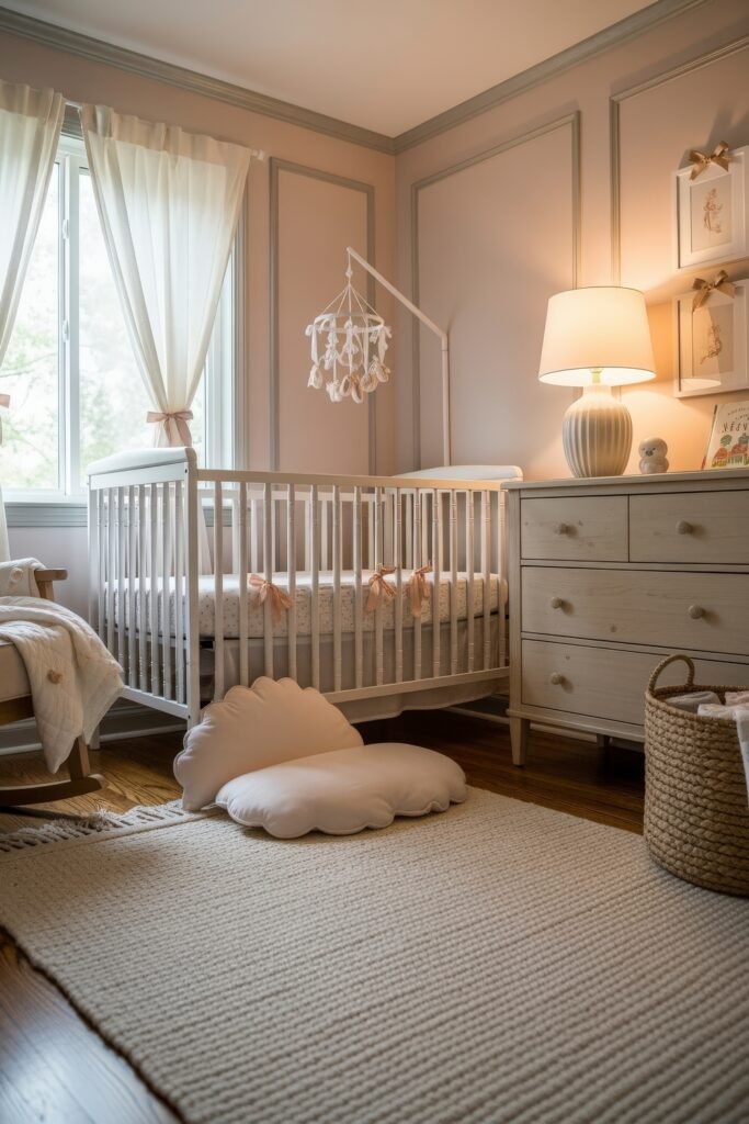 Dreamy & Stylish Baby Nursery Ideas for Girl 2 Soft pink nursery featuring a white crib with bow accents, glowing table lamp, and framed art, offering elegant baby nursery ideas for a girl.